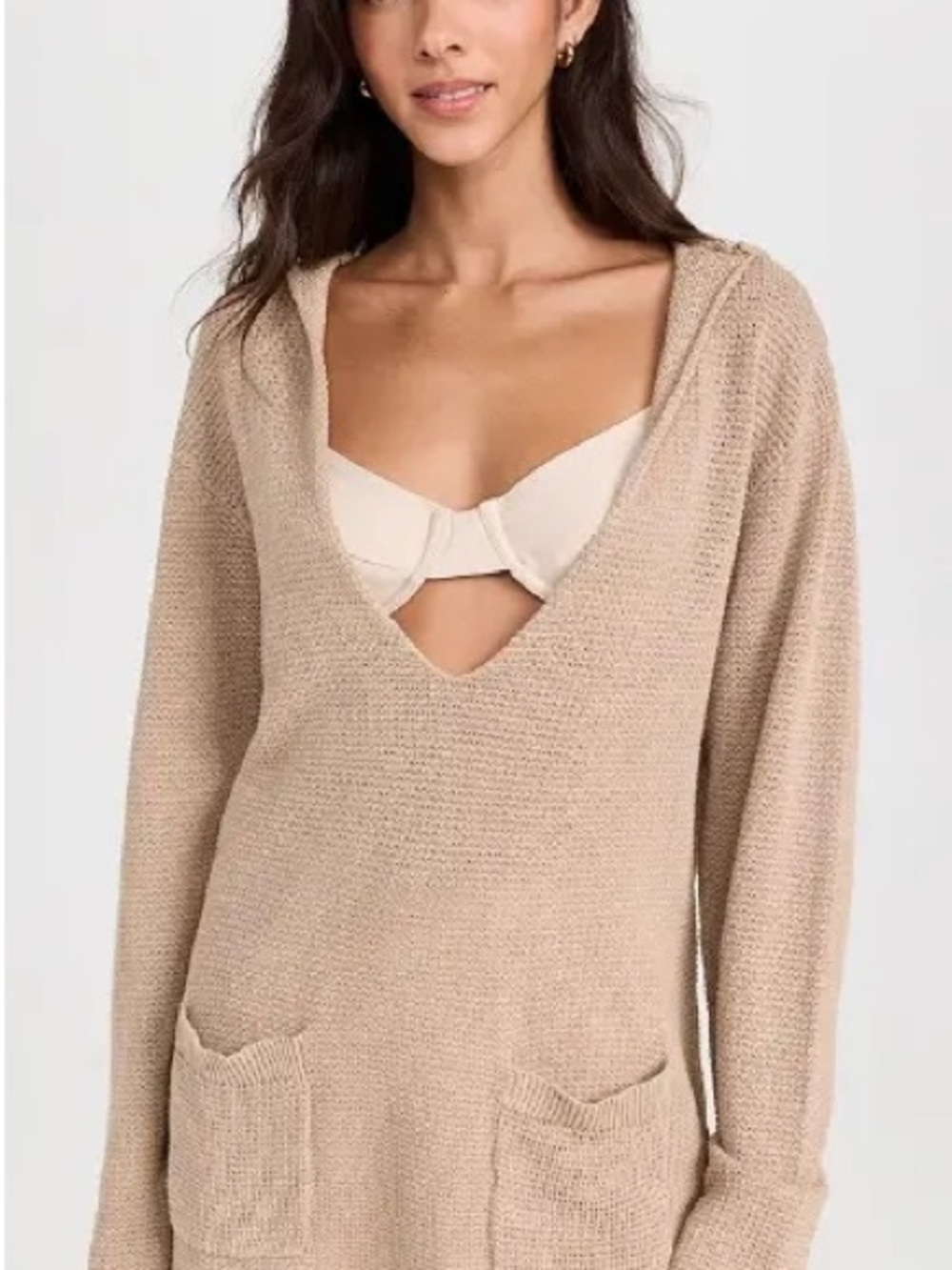 NWT Onia Deep V Hooded Knit Sweater in Sand 100% Linen